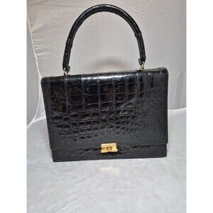 Bellestone Black Alligator Handbag Brass Hardware Vintage 1950s MCM